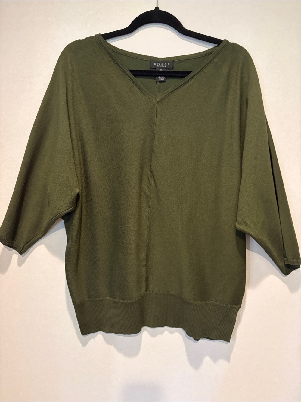 Grace - V-neck dolman sleeve 3/4 length sleeve sweater, olive green. XL.